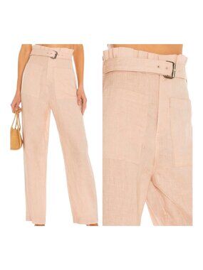Tularosa Pants Women Small Pink Paloma‎ Linen Belted Paper Bag Wide Leg Preppy